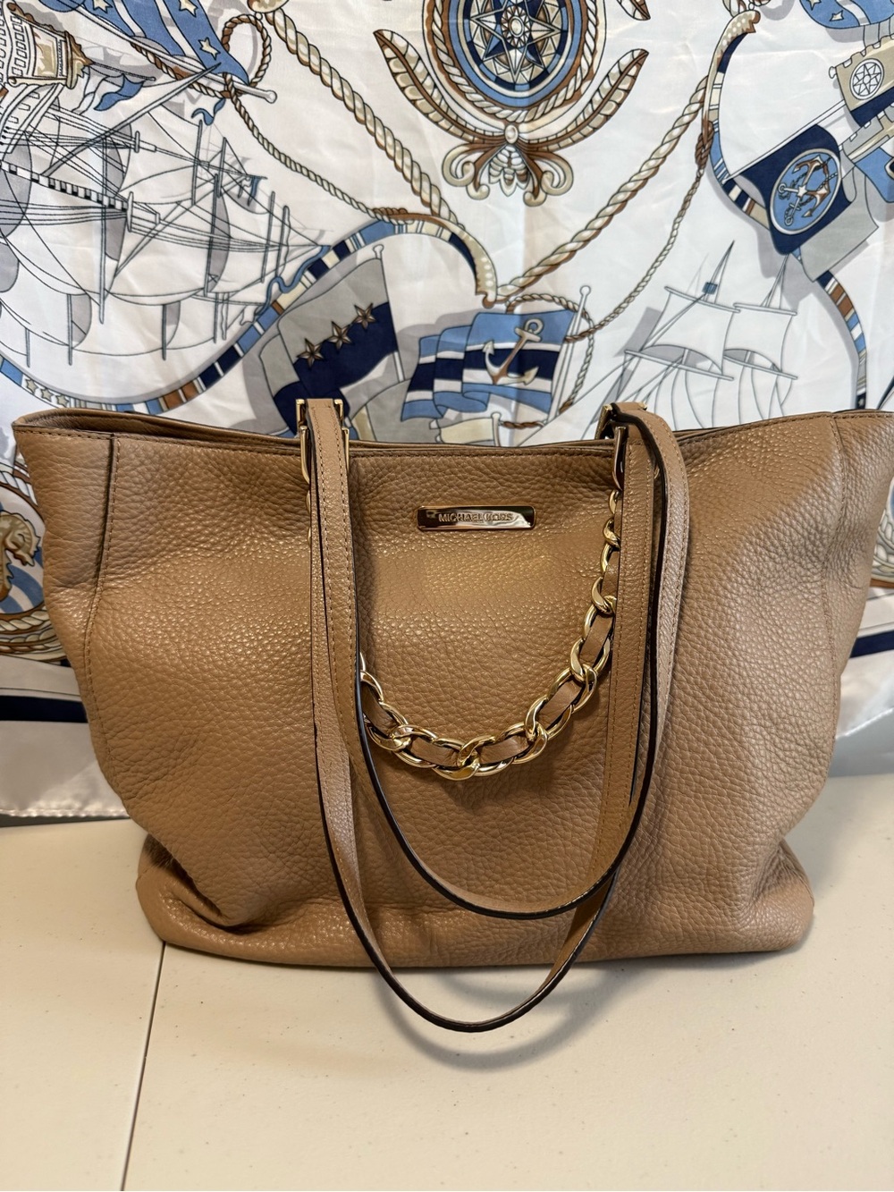 Michael Kors Tan Pebbled Leather Chain-Accent Tote
